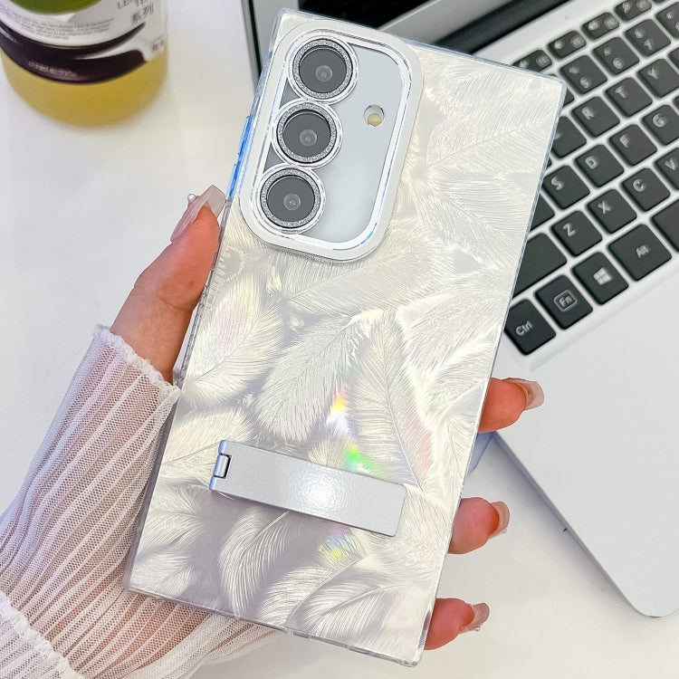 For Samsung Galaxy S25+ 5G Plating Glitter Texture Fold Holder TPU Phone Case with Lens Film(White Feathers) - Galaxy S25+ 5G Cases by buy2fix | Online Shopping UK | buy2fix