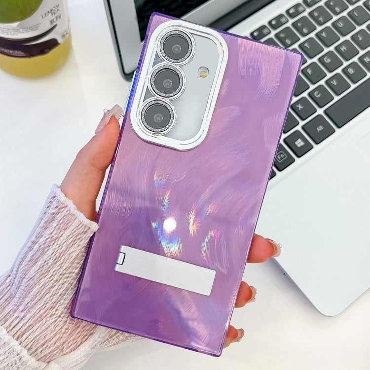 For Samsung Galaxy S25+ 5G Plating Glitter Texture Fold Holder TPU Phone Case with Lens Film(Purple Feather Yarn) - Galaxy S25+ 5G Cases by buy2fix | Online Shopping UK | buy2fix