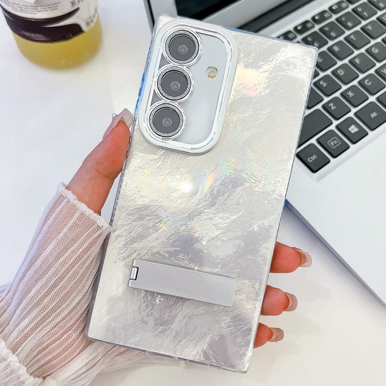 For Samsung Galaxy S25+ 5G Plating Glitter Texture Fold Holder TPU Phone Case with Lens Film(White Tinfoil Texture) - Galaxy S25+ 5G Cases by buy2fix | Online Shopping UK | buy2fix