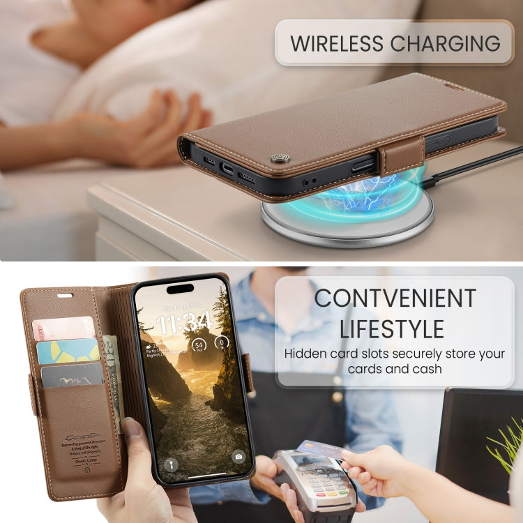 For iPhone 16 Plus CaseMe 023 Butterfly Buckle Litchi Texture RFID Anti-theft Leather Phone Case(Brown) by CaseMe