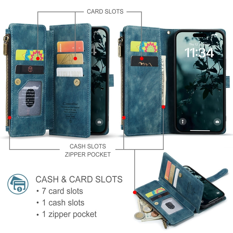 For iPhone 16 Pro CaseMe C30 Card Slots Zipper Wallet Leather Phone Case(Blue) - iPhone 16 Pro Cases by CaseMe | Online Shopping UK | buy2fix