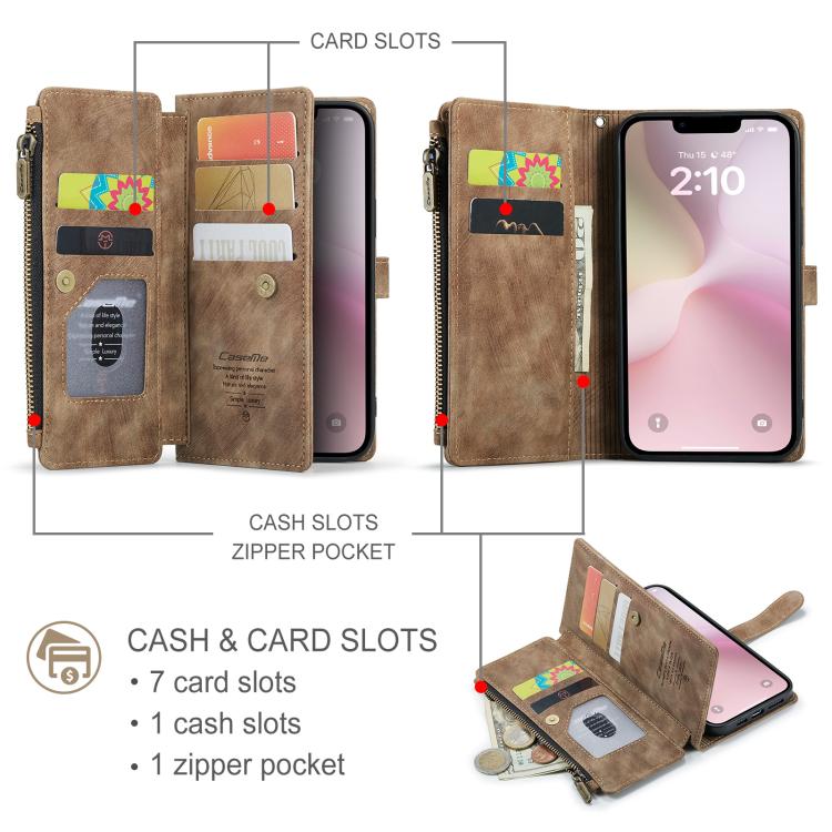 For iPhone 16e CaseMe C30 Card Slots Zipper Wallet Leather Phone Case(Brown) - iPhone 16e Cases by CaseMe | Online Shopping UK | buy2fix