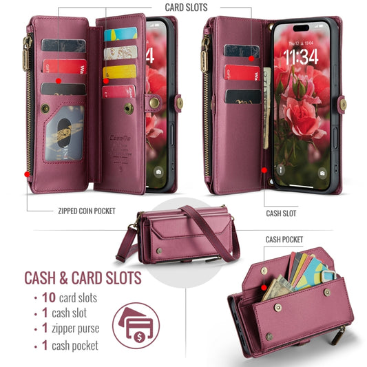 For iPhone 16 Pro Max CaseMe C36 Card Slots Zipper Wallet RFID Anti-theft Leather Phone Case(Red) by CaseMe