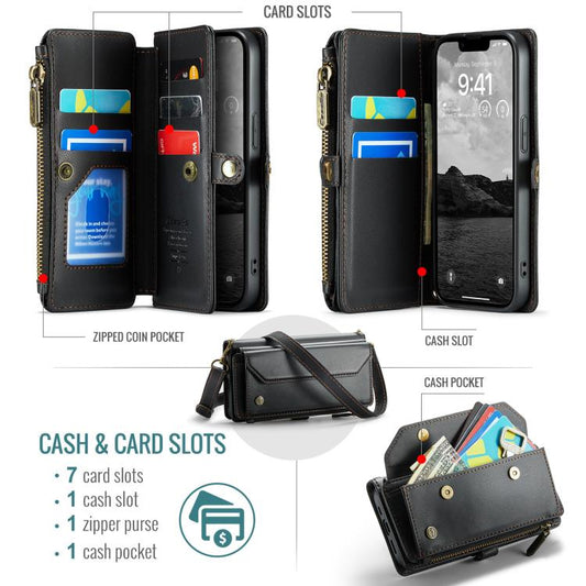 For iPhone 16e CaseMe C36 Card Slots Zipper Wallet RFID Anti-theft Leather Phone Case(Black) - iPhone 16e Cases by CaseMe | Online Shopping UK | buy2fix
