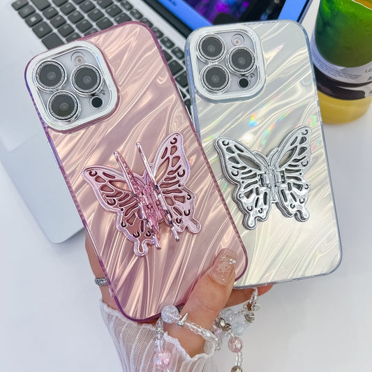 For iPhone 16 Plus Plating Glitter Lens Film Texture Butterfly Holder Wristband Phone Case(Pink Wrinkles) by buy2fix