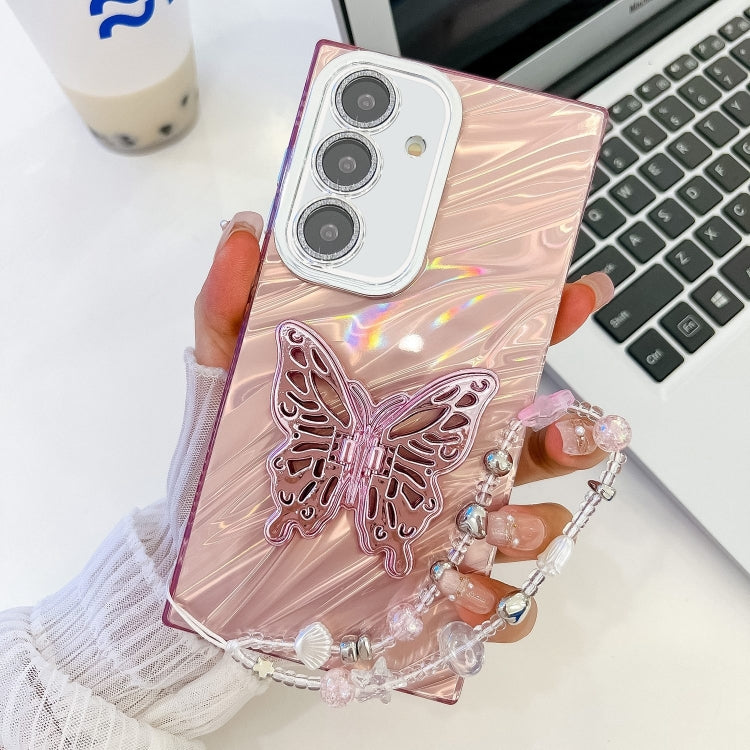 For Samsung Galaxy S25+ 5G Plating Glitter Lens Film Texture Butterfly Holder Wristband Phone Case(Pink Water Ripples) - Galaxy S25+ 5G Cases by buy2fix | Online Shopping UK | buy2fix