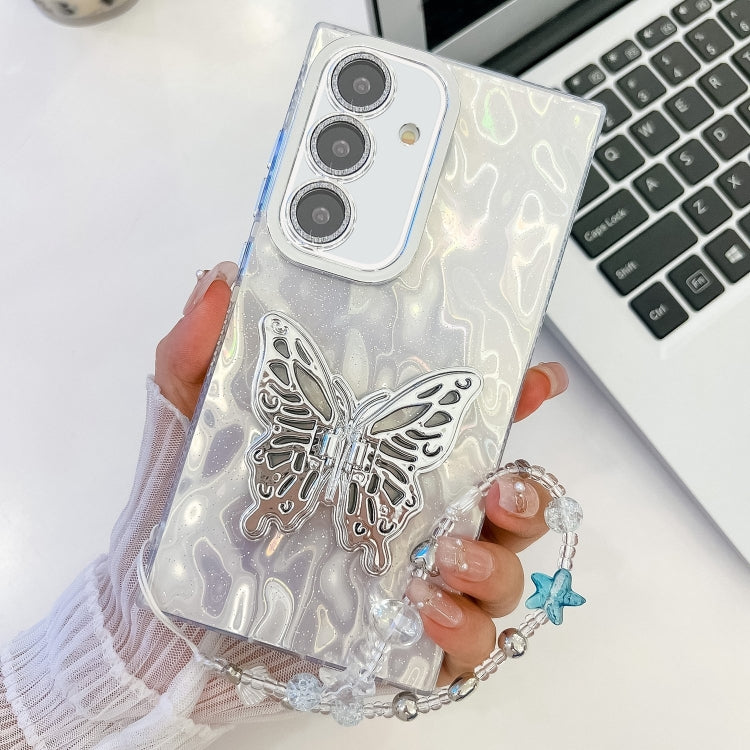 For Samsung Galaxy S25+ 5G Plating Glitter Lens Film Texture Butterfly Holder Wristband Phone Case(White Wrinkles) - Galaxy S25+ 5G Cases by buy2fix | Online Shopping UK | buy2fix