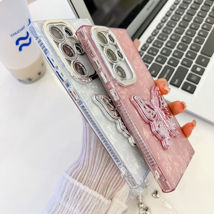 For Samsung Galaxy S25+ 5G Plating Glitter Lens Film Texture Butterfly Holder Wristband Phone Case(Pink Tinfoil Texture) - Galaxy S25+ 5G Cases by buy2fix | Online Shopping UK | buy2fix