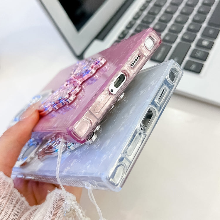 For Samsung Galaxy S25 5G Plating Glitter Lens Film Texture Butterfly Holder Wristband Phone Case(White Shell Pattern) by buy2fix