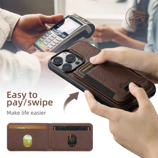 For iPhone 13 Suteni H17 Cross Grain Leather MagSafe Detachable Wallet Phone Case(Brown) by Suteni