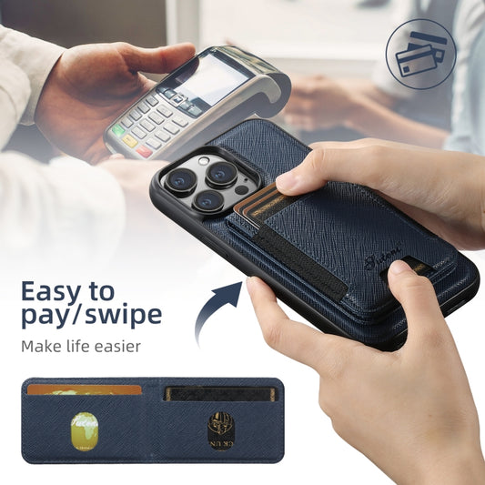 For iPhone 12 Suteni H17 Cross Grain Leather MagSafe Detachable Wallet Phone Case(Blue) by Suteni