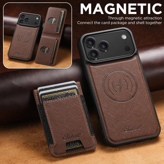For iPhone 17 Pro Suteni H17 Cross Grain Leather MagSafe Detachable Wallet Phone Case(Brown) - iPhone 17 Pro Cases by Suteni | Online Shopping UK | buy2fix