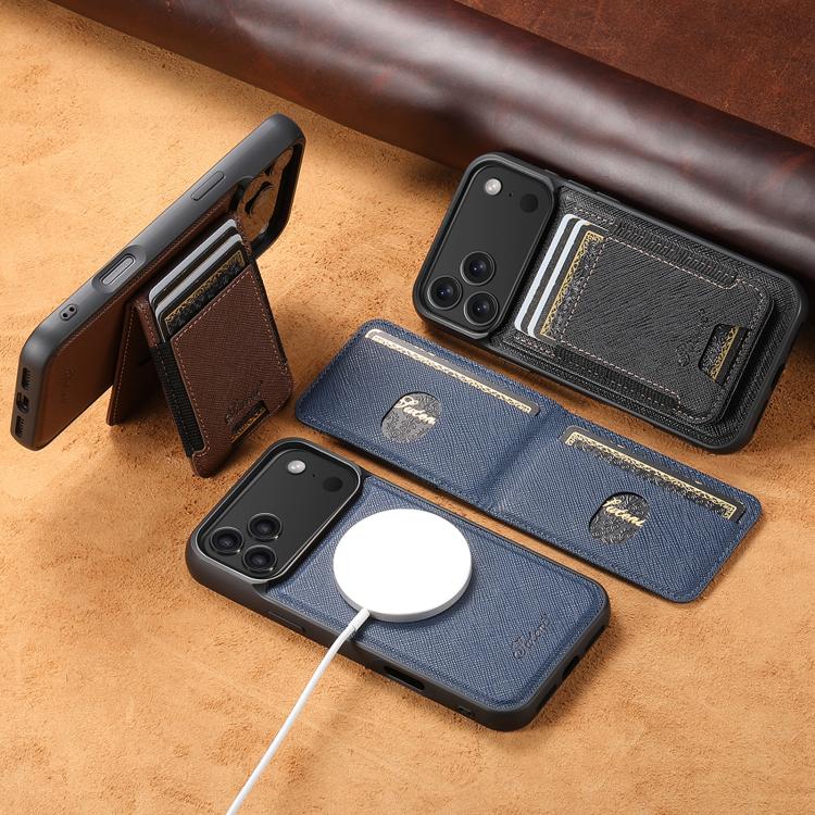 For iPhone 12 Pro Max Suteni H17 Cross Grain Leather MagSafe Detachable Wallet Phone Case(Blue) by Suteni