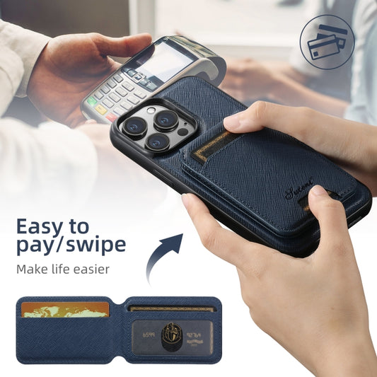 For iPhone 15 Suteni H18 Cross Grain MagSafe Wallet Leather Phone Case(Blue) by Suteni