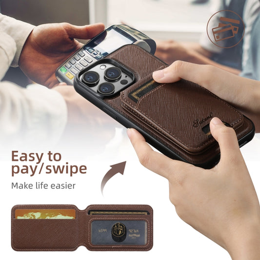 For iPhone 13 Suteni H18 Cross Grain MagSafe Wallet Leather Phone Case(Brown) by Suteni