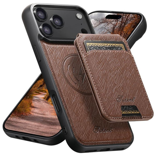 For iPhone 17 Pro Suteni H18 Cross Grain MagSafe Wallet Leather Phone Case(Brown) - iPhone 17 Pro Cases by Suteni | Online Shopping UK | buy2fix