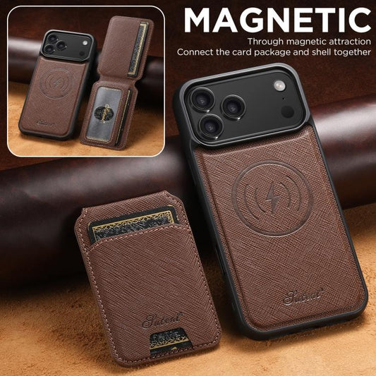 For iPhone 17 Pro Suteni H18 Cross Grain MagSafe Wallet Leather Phone Case(Brown) - iPhone 17 Pro Cases by Suteni | Online Shopping UK | buy2fix
