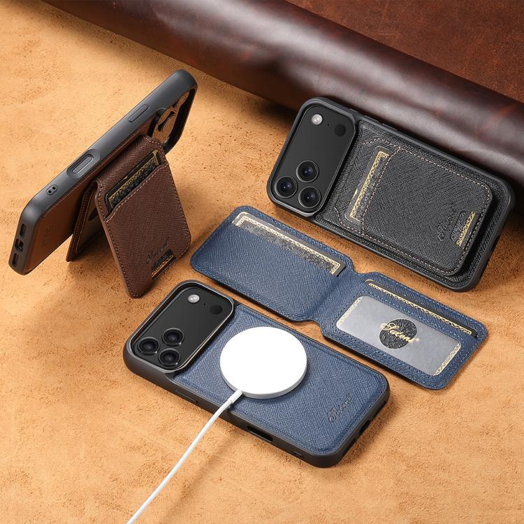 For iPhone 16 Pro Suteni H18 Cross Grain MagSafe Wallet Leather Phone Case(Blue) - iPhone 16 Pro Cases by Suteni | Online Shopping UK | buy2fix