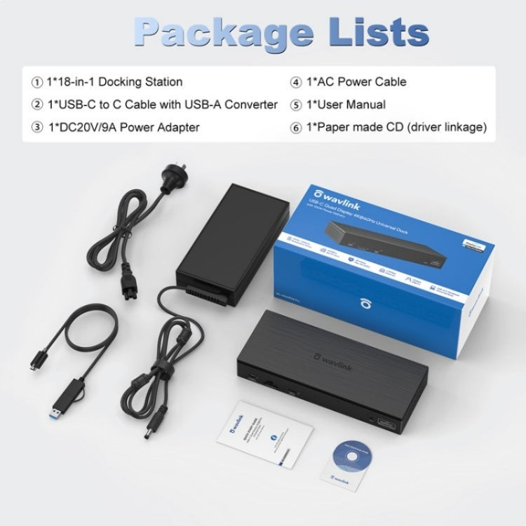 WAVLINK UG69PD8 Pro 18-in-1 DP / HD 5K Quadruple Display USB C Universal Docking Station, Plug:US Plug by WAVLINK