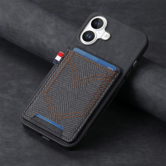 For iPhone 16 Plus Denim Texture Leather Skin Phone Case with Card Slot(Black) by buy2fix