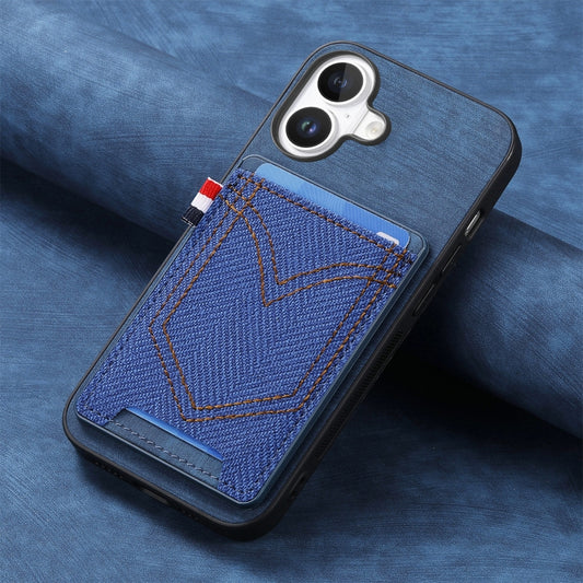 For iPhone 16 Plus Denim Texture Leather Skin Phone Case with Card Slot(Blue) by buy2fix