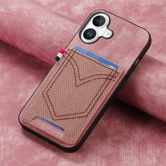 For iPhone 16 Plus Denim Texture Leather Skin Phone Case with Card Slot(Pink) by buy2fix
