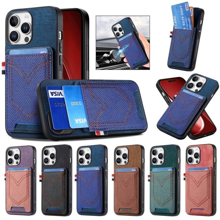 For iPhone 16e Denim Texture Leather Skin Phone Case with Card Slot(Green) - iPhone 16e Cases by buy2fix | Online Shopping UK | buy2fix