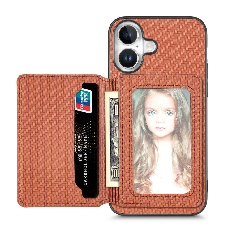 For iPhone 16 Carbon Fiber Magnetic Card Wallet RFID Blocking Phone Case(Brown) - iPhone 16 Cases by buy2fix | Online Shopping UK | buy2fix