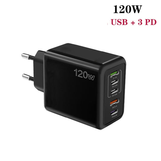 120W 3 PD Type-C Dual USB Multi Port Charger for Mobile Phones, EU Plug(Black) by buy2fix