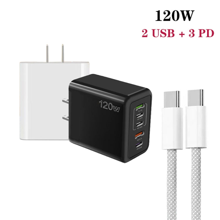 120W PD3.0 3 Type-C 2 USB Multi Port Quick Charger with Type-C to Type-C Cable, US Plug(Black) - USB Charger by buy2fix | Online Shopping UK | buy2fix