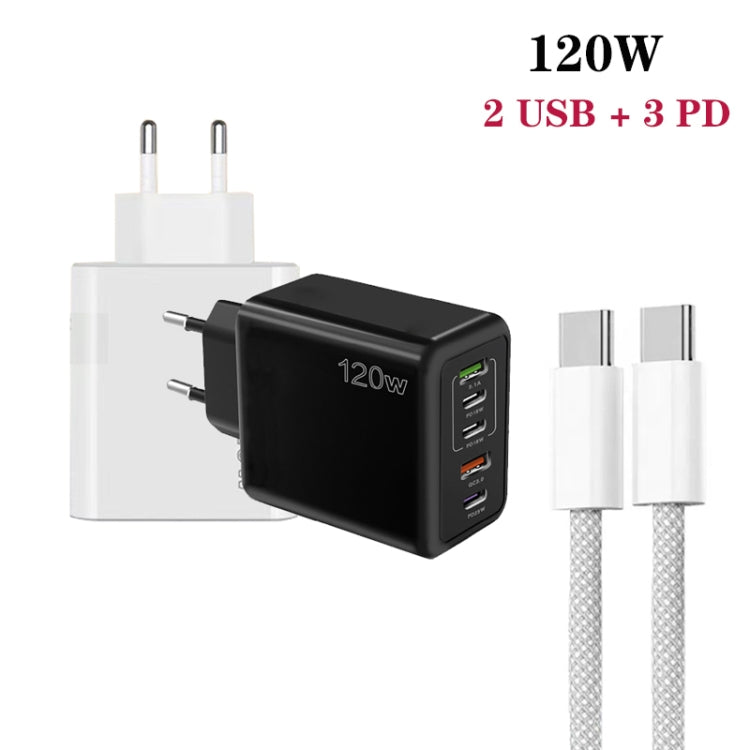 120W PD3.0 3 Type-C 2 USB Multi Port Quick Charger with Type-C to Type-C Cable, EU Plug(White) - USB Charger by buy2fix | Online Shopping UK | buy2fix