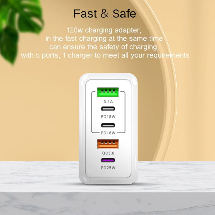 120W PD3.0 3 Type-C 2 USB Multi Port Quick Charger with Type-C to Type-C Cable, EU Plug(White) - USB Charger by buy2fix | Online Shopping UK | buy2fix