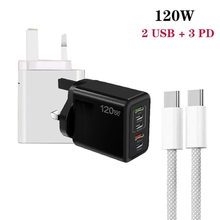120W PD3.0 3 Type-C 2 USB Multi Port Quick Charger with Type-C to Type-C Cable, UK Plug(White) - USB Charger by buy2fix | Online Shopping UK | buy2fix