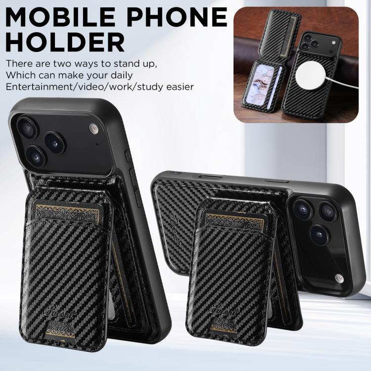 For iPhone 16 Suteni TXWH18 Carbon Fiber Texture Detachable Wallet MagSafe Phone Case(Black) - iPhone 16 Cases by Suteni | Online Shopping UK | buy2fix