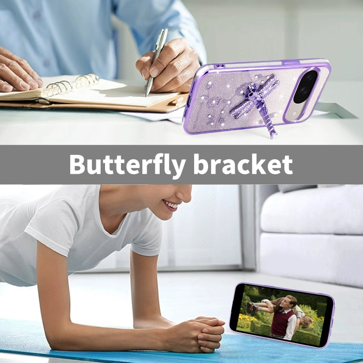 For Google Pixel 9 Gradient Glitter Immortal 3D Dragonfly Holder Plated Phone Case(Blue) by buy2fix