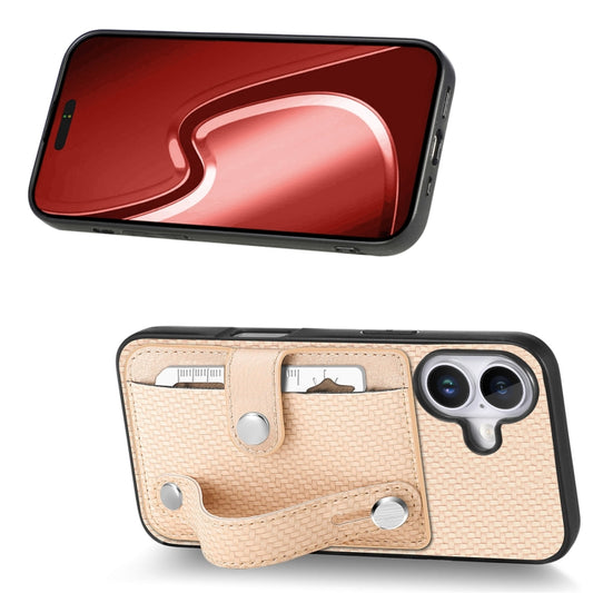 For iPhone 16 Wristband Kickstand Card Wallet Back Phone Case with Tool Knife(Khaki) by buy2fix