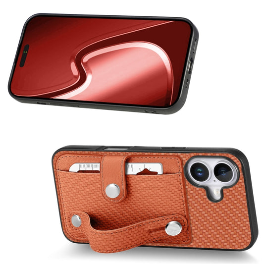 For iPhone 16 Plus Wristband Kickstand Card Wallet Back Phone Case with Tool Knife(Brown) by buy2fix