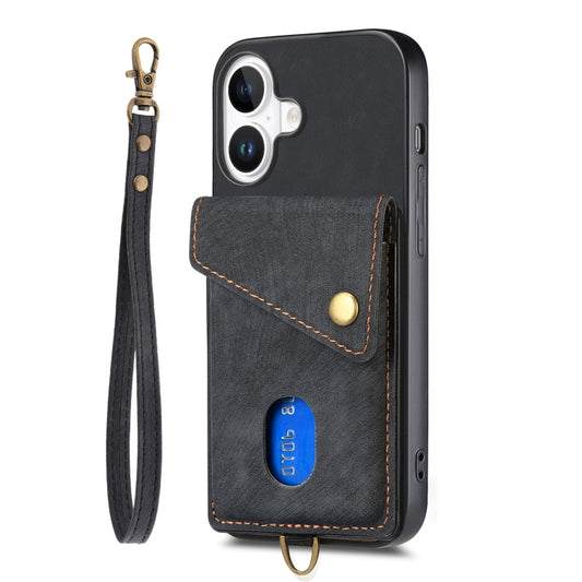 For iPhone 16 Retro Card Wallet Fold Leather Phone Case with Strap(Black) by buy2fix