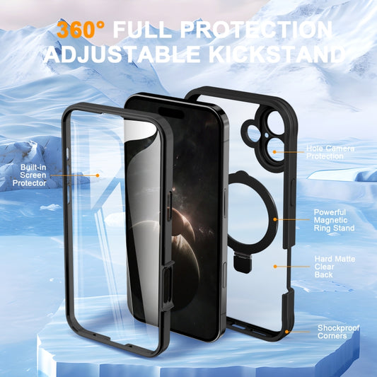 For iPhone 16 Skin Feel MagSafe Holder 360 Full Body Phone Case(Black) by buy2fix