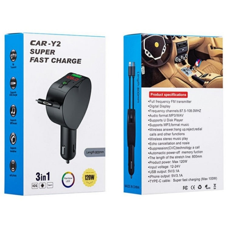 Y2 With Type-C Retractable Cables Car Bluetooth MP3 Player Hands-Free Call Adapter by buy2fix