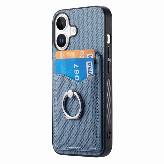 For iPhone 16 Carbon Fiber Card Wallet Ring Phone Case(Blue) by buy2fix