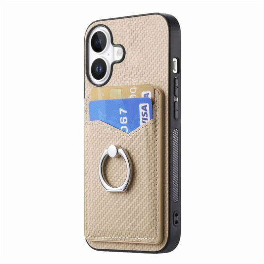 For iPhone 16 Plus Carbon Fiber Card Wallet Ring Phone Case(Khaki) by buy2fix
