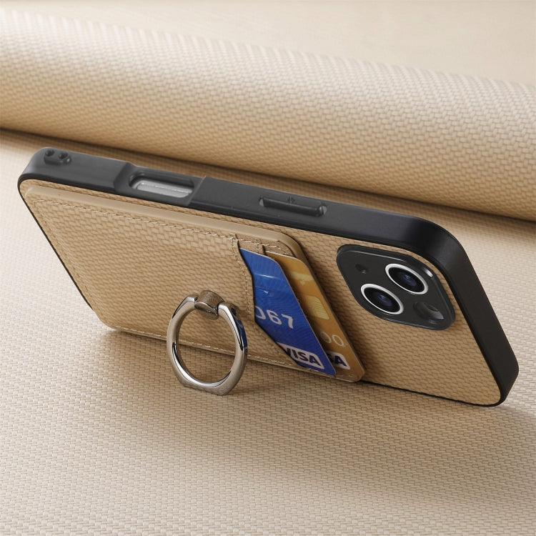 For iPhone 16 Plus Carbon Fiber Card Wallet Ring Phone Case(Khaki) by buy2fix