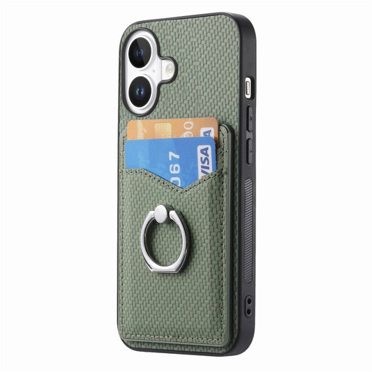 For iPhone 16 Plus Carbon Fiber Card Wallet Ring Phone Case(Green) by buy2fix