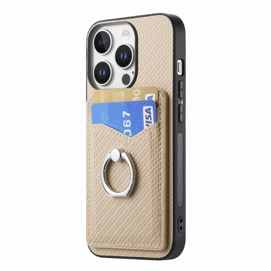 For iPhone 16 Pro Carbon Fiber Card Wallet Ring Phone Case(Khaki) by buy2fix