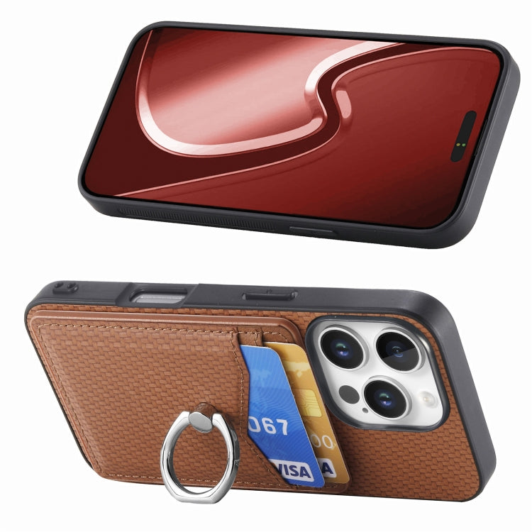 For iPhone 16 Pro Carbon Fiber Card Wallet Ring Phone Case(Brown) - iPhone 16 Pro Cases by buy2fix | Online Shopping UK | buy2fix