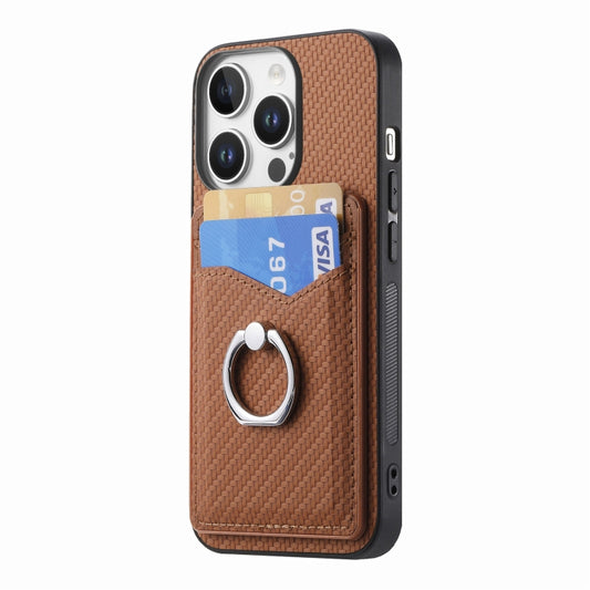 For iPhone 16 Pro Max Carbon Fiber Card Wallet Ring Phone Case(Brown) by buy2fix