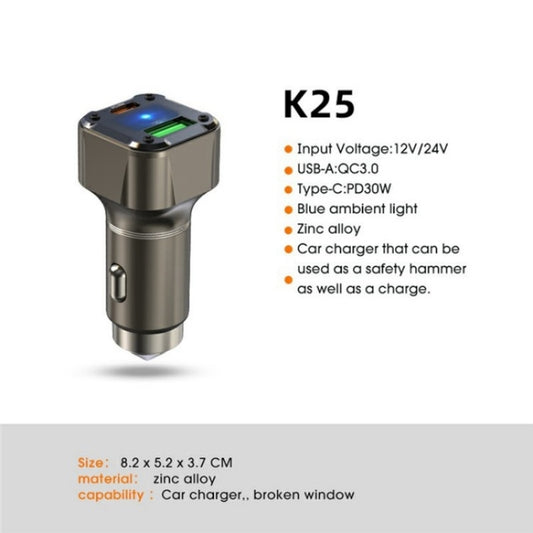 K25 Fast Charging Metal Window Breaker Car Charger Adapter PD 30W Super Charger by buy2fix