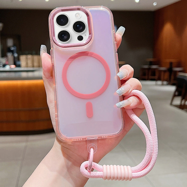 For iPhone 16 Pro Bright Shadow Magsafe Discoloration Phone Case with Wrist Strap(Pink) - iPhone 16 Pro Cases by buy2fix | Online Shopping UK | buy2fix