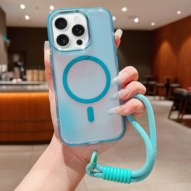 For iPhone 16 Pro Bright Shadow Magsafe Discoloration Phone Case with Wrist Strap(Blue) - iPhone 16 Pro Cases by buy2fix | Online Shopping UK | buy2fix